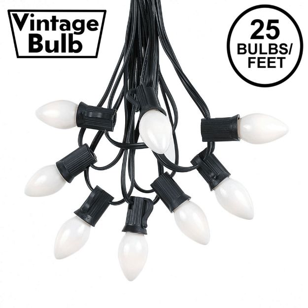 25 Light String Set with White Ceramic C7 Bulbs on Black Wire