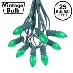 25 Light String Set with Green Ceramic C7 Bulbs on Green Wire