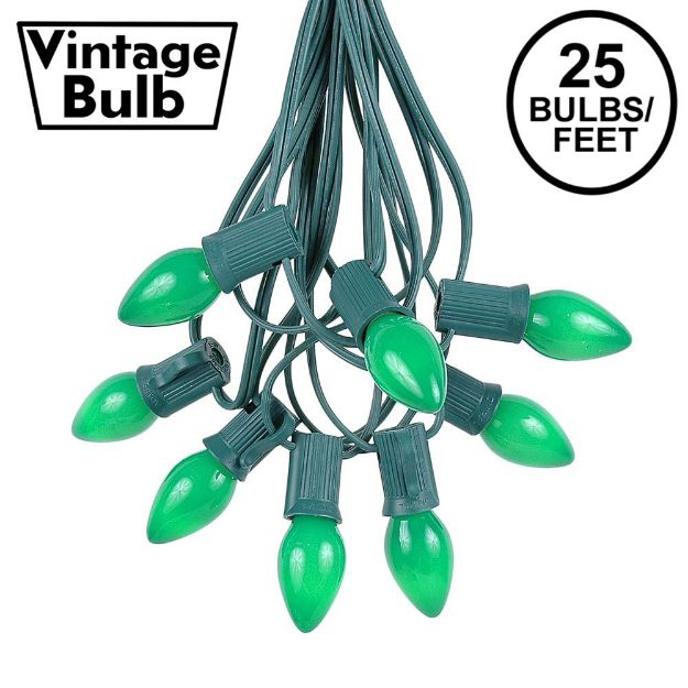 25 Light String Set with Green Ceramic C7 Bulbs on Green Wire