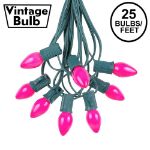 25 Light String Set with Pink Ceramic C7 Bulbs on Green Wire