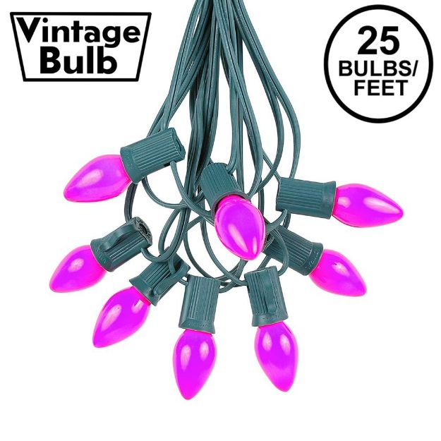 25 Light String Set with Purple Ceramic C7 Bulbs on Green Wire