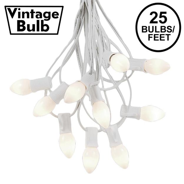 25 Light String Set with White Ceramic C7 Bulbs on White Wire