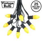 25 Light String Set with Yellow Ceramic C7 Bulbs on Black Wire
