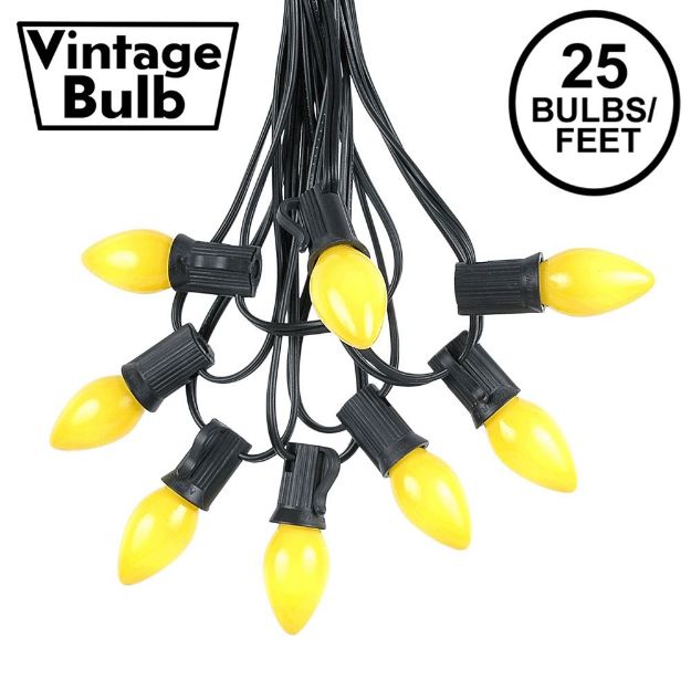 25 Light String Set with Yellow Ceramic C7 Bulbs on Black Wire