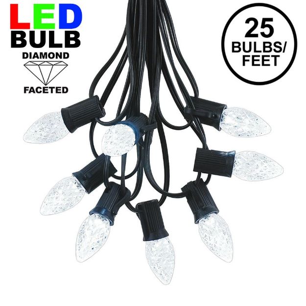 25 Light String Set with Pure White LED C7 Bulbs on Black Wire