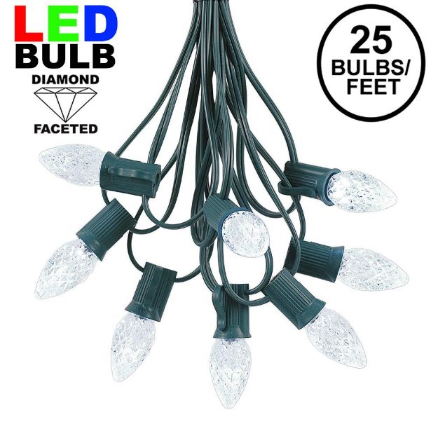 25 Light String Set with Pure White LED C7 Bulbs on Green Wire