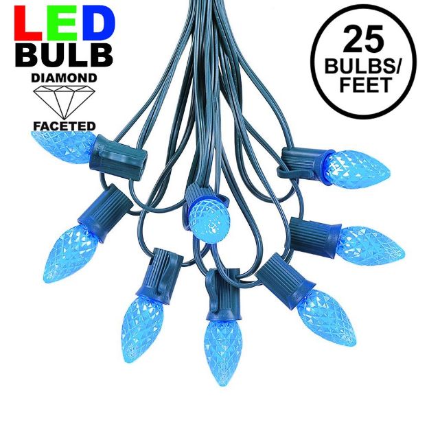 25 Light String Set with Blue LED C7 Bulbs on Green Wire