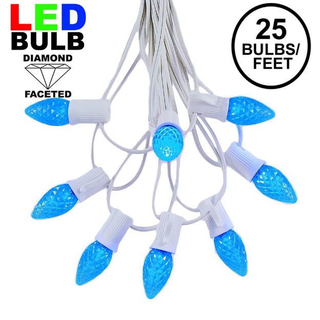 25 Light String Set with Blue LED C7 Bulbs on White Wire