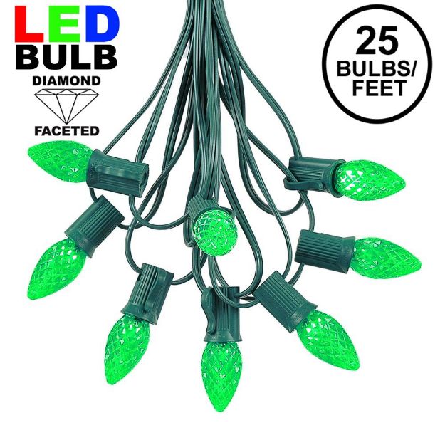 25 Light String Set with Green LED C7 Bulbs on Green Wire