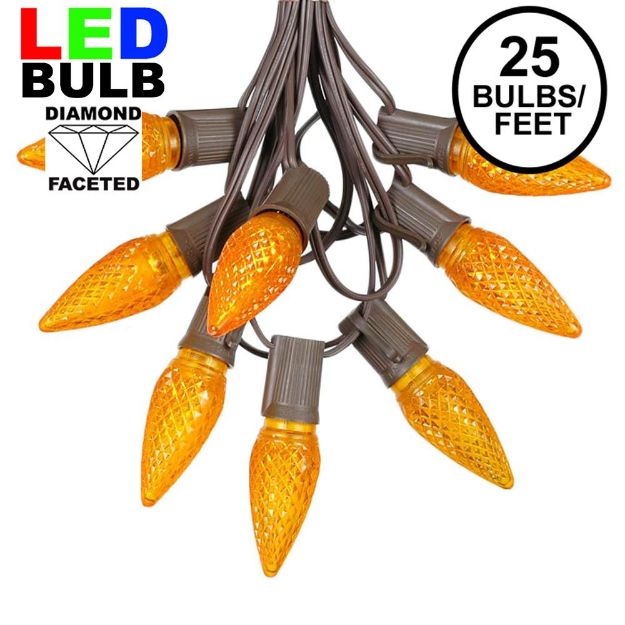 25 Light String Set with Amber (Orange) LED C9 Bulbs on Brown Wire