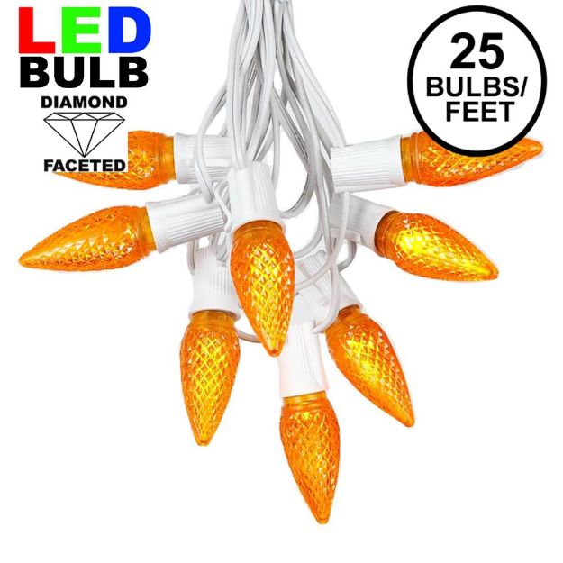 25 Light String Set with Amber (Orange) LED C9 Bulbs on White Wire