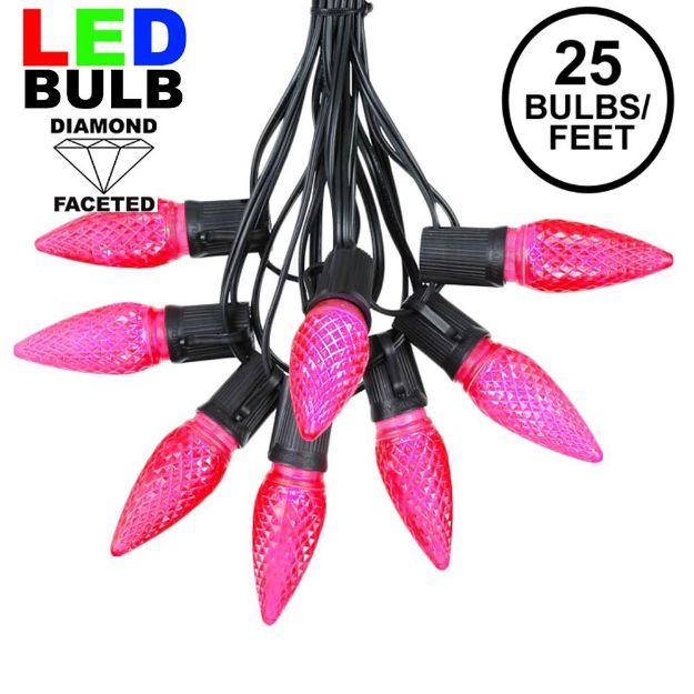 25 Light String Set with Pink LED C9 Bulbs on Black Wire