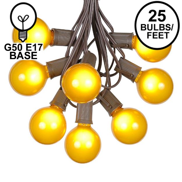25 G50 Globe Light String Set with Yellow Bulbs on Brown Wire