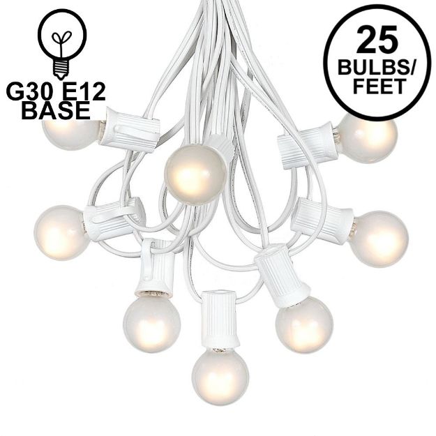25 G30 Globe Light String Set with Frosted White Bulbs on White Wire