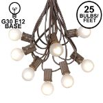 25 G30 Globe Light String Set with Frosted White Bulbs on Brown Wire