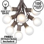 100 G50 Globe Light String Set with Frosted Bulbs on Brown Wire