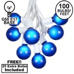 100 G50 Globe Light String Set with Blue Bulbs on White Wire