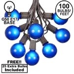 100 G50 Globe Light String Set with Blue Bulbs on Brown Wire
