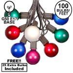 100 G50 Globe Light String Set with Assorted Satin Bulbs on Brown Wire