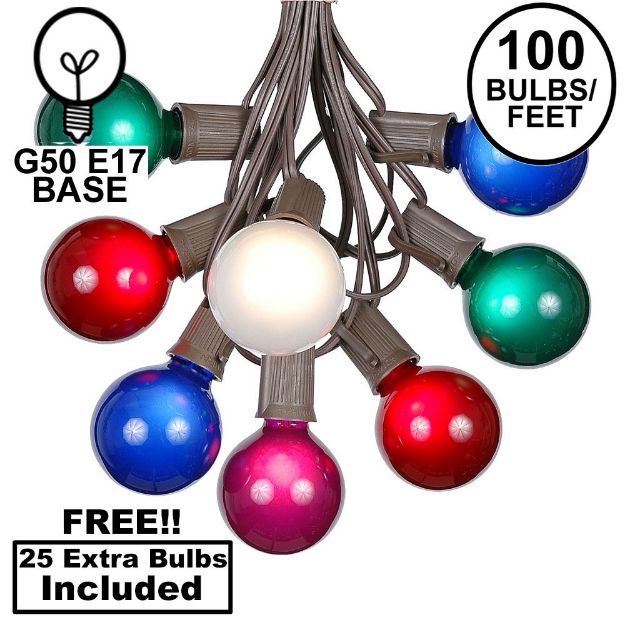 100 G50 Globe Light String Set with Assorted Satin Bulbs on Brown Wire