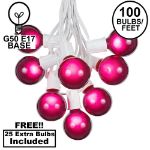 100 G50 Globe Light String Set with Purple Bulbs on White Wire