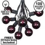 100 G50 Globe Light String Set with Black Light Bulbs (Very Dark Purple) on Black Wire