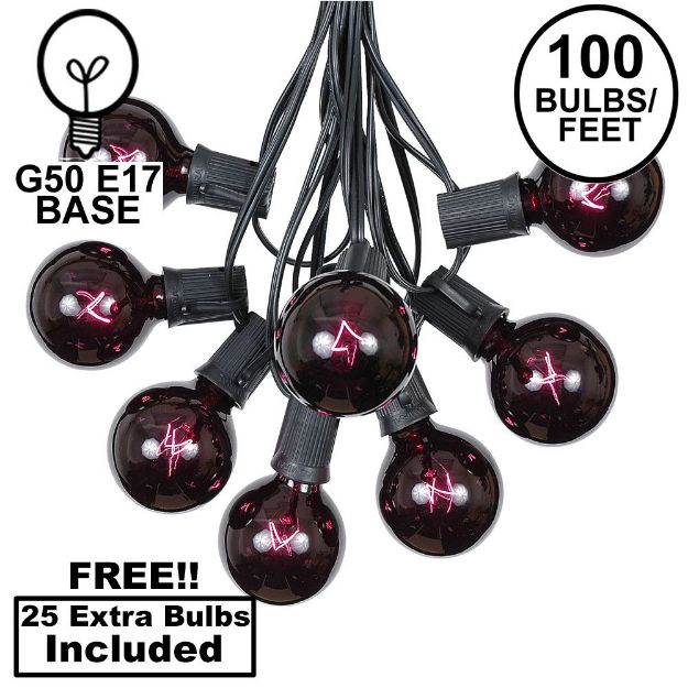 100 G50 Globe Light String Set with Black Light Bulbs (Very Dark Purple) on Black Wire