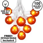 100 G50 Globe Light String Set with Orange Bulbs on White Wire
