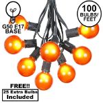 100 G50 Globe Light String Set with Orange Bulbs on Black Wire