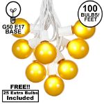 100 G50 Globe Light String Set with Yellow Bulbs on White Wire