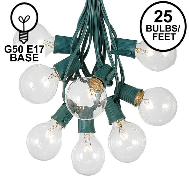 25 G50 Globe Light String Set with Clear Bulbs on Green Wire