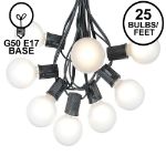 25 G50 Globe Light String Set with Frosted White Bulbs on Black Wire