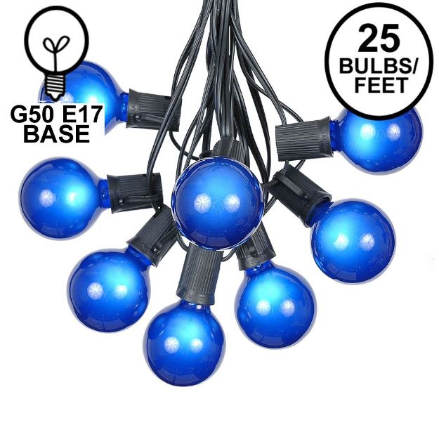 25 G50 Globe Light String Set with Blue Bulbs on Black Wire