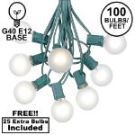100 G40 Globe String Light Set with Frosted White Bulbs on Green Wire
