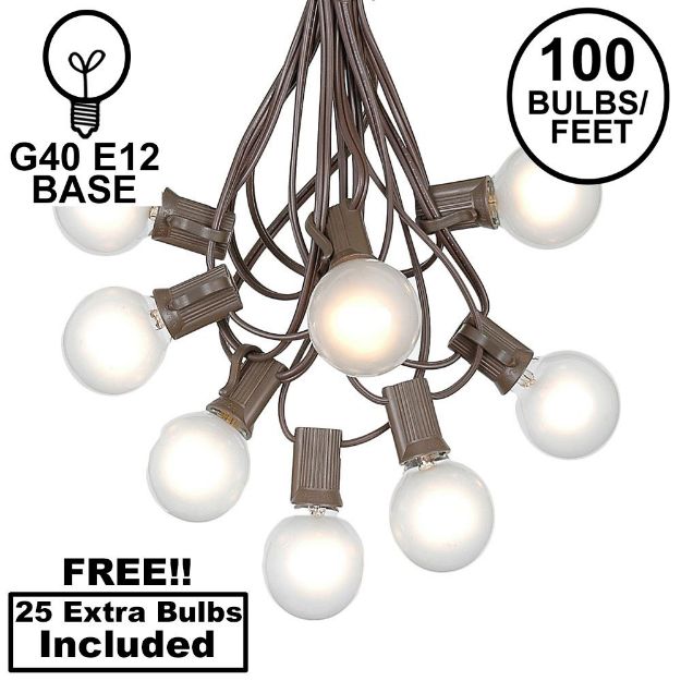 100 G40 Globe String Light Set with Frosted White Bulbs on Brown Wire