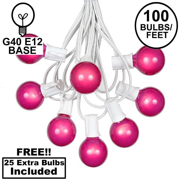 100 G40 Globe String Light Set with Pink Satin Bulbs on White Wire
