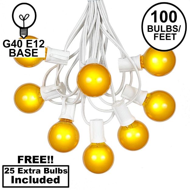100 G40 Globe String Light Set with Yellow Satin Bulbs on White Wire