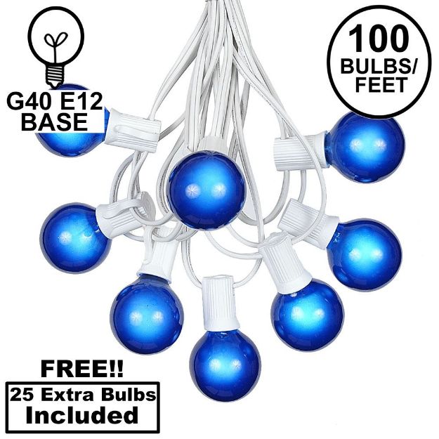 100 G40 Globe String Light Set with Blue Satin Bulbs on White Wire