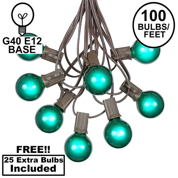 100 G40 Globe String Light Set with Green Bulbs on Brown Wire