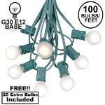 100 G30 Globe String Light Set with Frosted White Bulbs on Green Wire