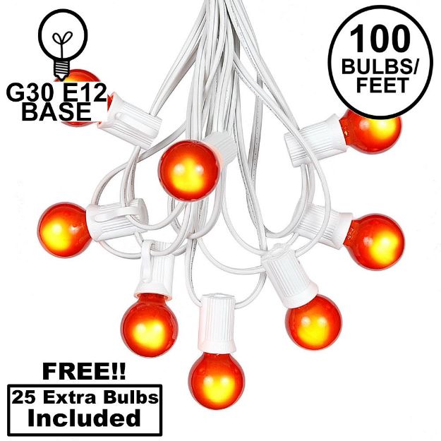 100 G30 Globe String Light Set with Orange Satin Bulbs on White Wire