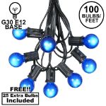100 G30 Globe String Light Set with Blue Satin Bulbs on Black Wire
