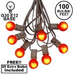 100 G30 Globe String Light Set with Orange Satin Bulbs on Brown Wire
