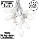 100 C9 Ceramic Christmas Light Set - White - White Wire