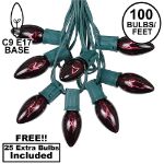 100 C9 Christmas Light Set - Black Light Very Dark Purple Bulbs - Green Wire