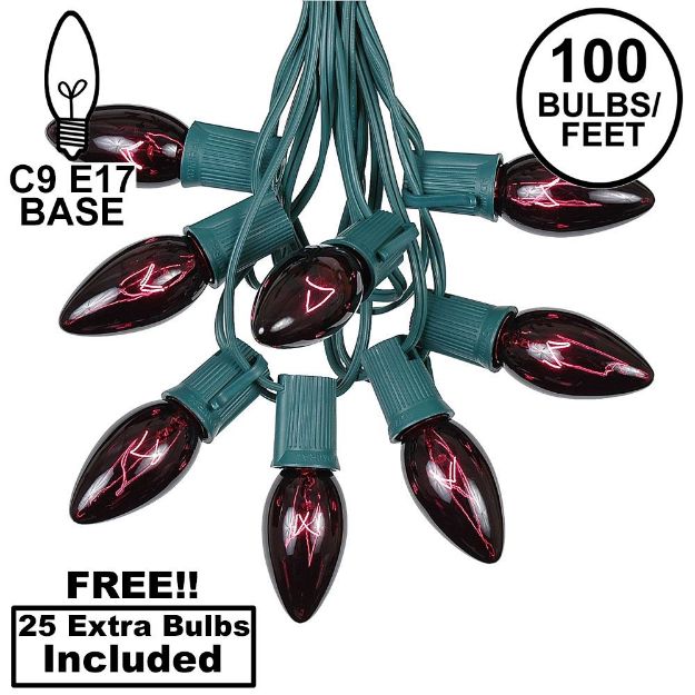 100 C9 Christmas Light Set - Black Light Very Dark Purple Bulbs - Green Wire
