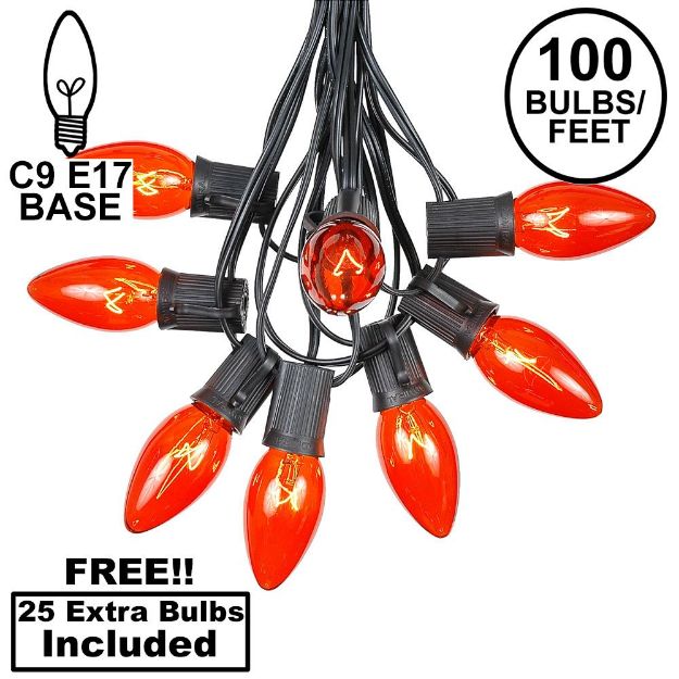 100 C9 Christmas Light Set - Orange Bulbs - Black Wire