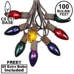 100 C9 Christmas Light Set - Assorted Bulbs - Brown Wire