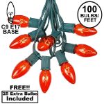 100 C9 Christmas Light Set - Orange Bulbs - Green Wire