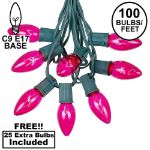 100 C9 Christmas Light Set - Pink Bulbs - Green Wire